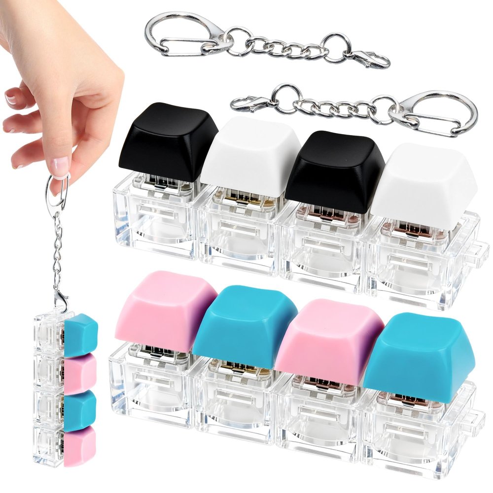 2 Pcs 4 in 1 Keyboard Fidget Toy Keychain, Clicky Button Toy Stress Relief Keychain with Swappable Keycaps, Mini Mechanical Key Fidget for Office Desk Focus Gifts (Blue Pink Black White)