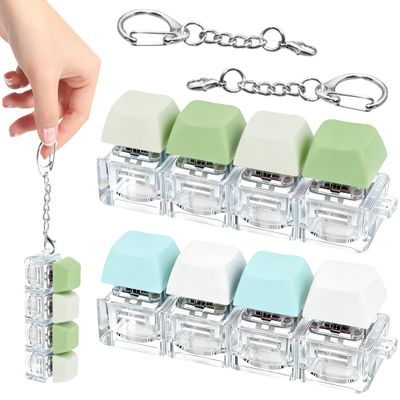 2 PCS 4-in-1 Keyboard Fidget Toy Keychain, Finger Clicky Button Toy Stress Relief Keychain with Swappable Keycaps, Mini Mechanical Key Fidget for Office Desk Focus Gifts (Green Blue White)