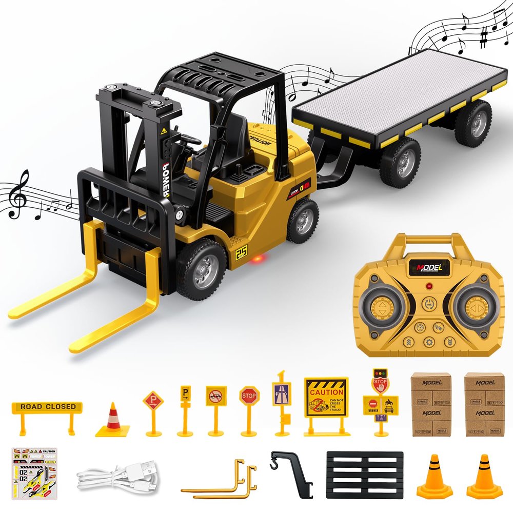1/64 Full Proportional RC Forklift Toy,10 Channel 2 Mode Mini Remote Control Forklift Truck with Flatbed Tow Truck, 3 in 1 Transformable Lift Fork & Hook & Trailer with Lights & Sounds for Kids