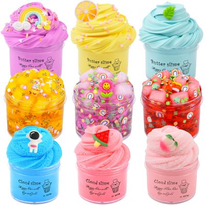 9 Pack Slime Kit with 3 Jelly Cube, 3 Butter & 3 Cloud Slime, Non-Sticky DIY Sensory Toys for Stress Relief, Kids Party Gift for Girls and Boys