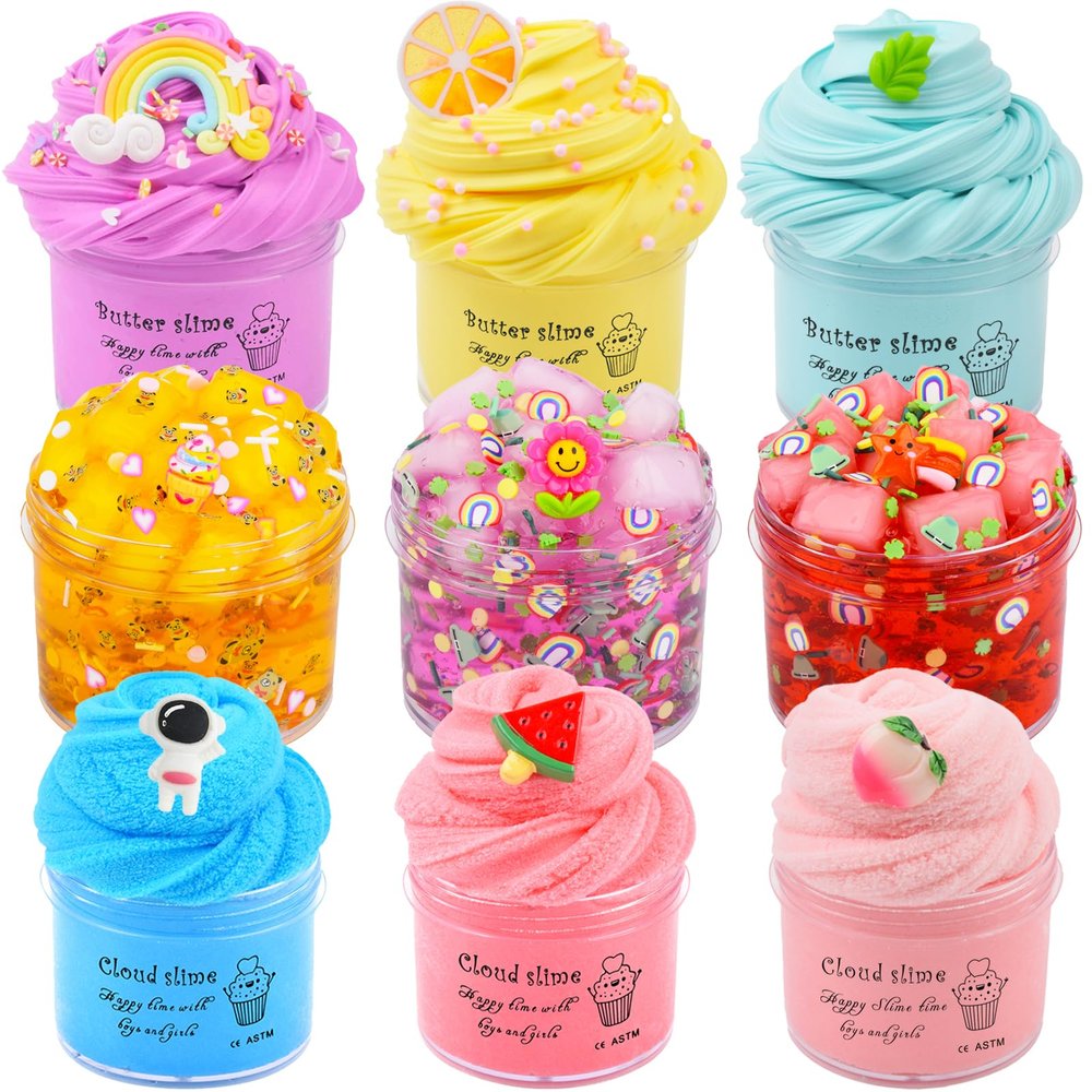 9 Pack Slime Kit with 3 Jelly Cube, 3 Butter & 3 Cloud Slime, Non-Sticky DIY Sensory Toys for Stress Relief, Kids Party Gift for Girls and Boys