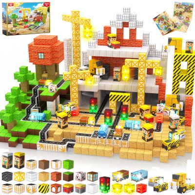 Annexfun Magnetic Blocks - 200PCS Magnetic Building Blocks with Light Up Blocks,Magnetic Cubes Road with Car STEM Kids Toys,Construction Toys for Boys & Girls & Autism Ages 3+ Birthday Gifts