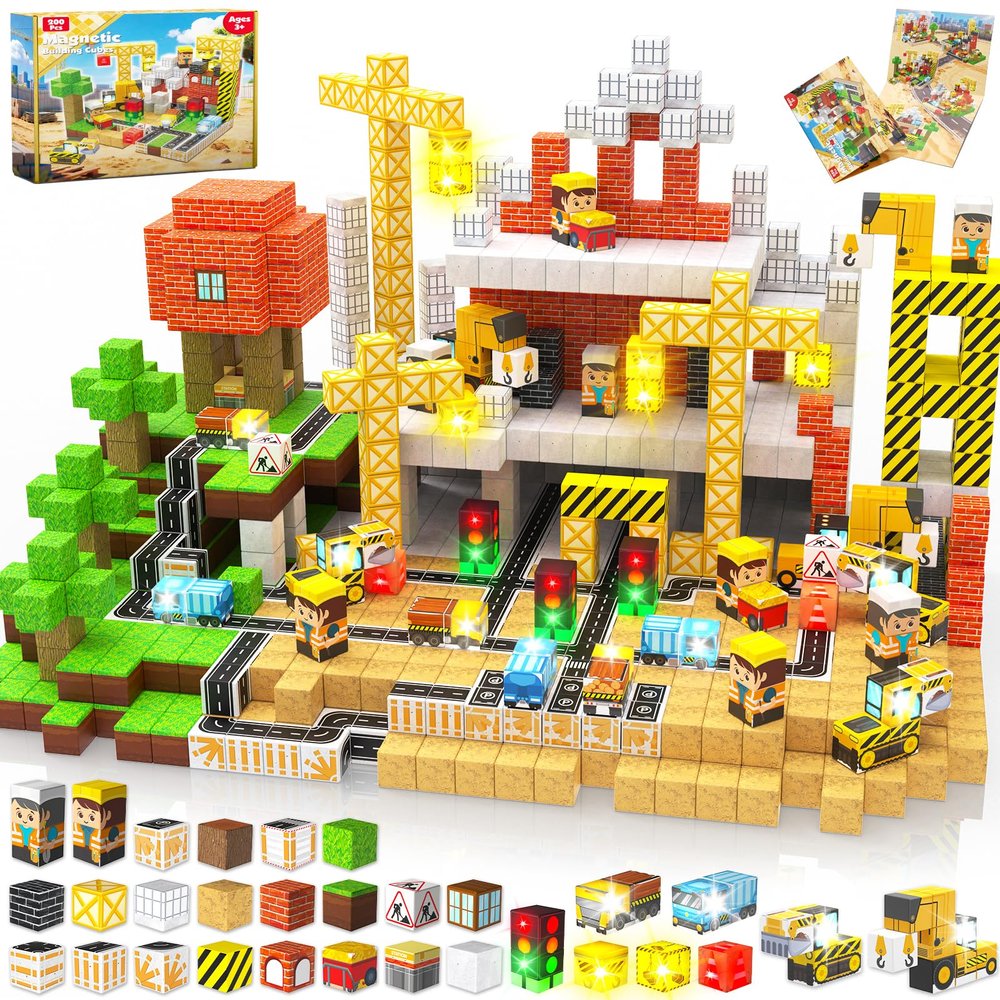 Annexfun Magnetic Blocks - 200PCS Magnetic Building Blocks with Light Up Blocks,Magnetic Cubes Road with Car STEM Kids Toys,Construction Toys for Boys & Girls & Autism Ages 3+ Birthday Gifts