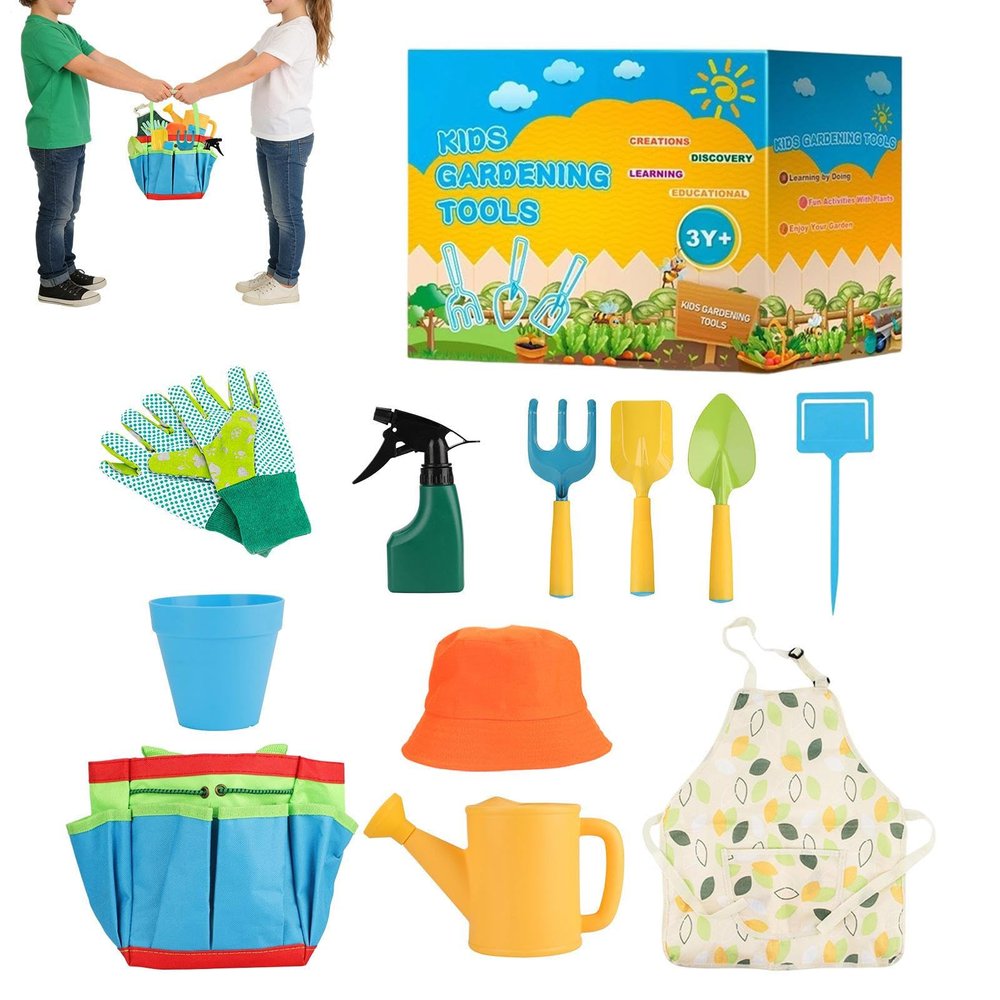 Kid Gardening Tools, 7.9x10.2x4.7 Inch 11 Piece Toy Set, PP Watering Can Rake for Gardens, Vegetable Fields, Parks, Beaches, School, Play, Home