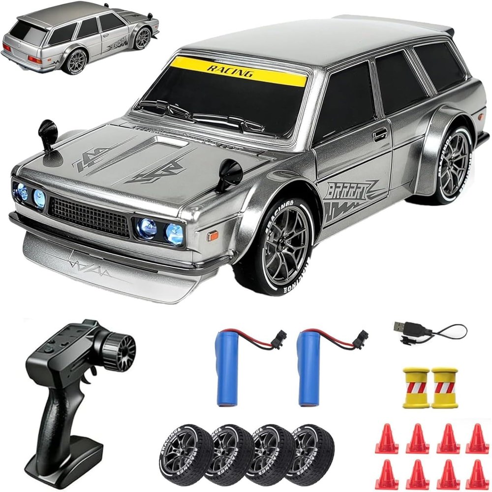 1:24 Scale RC Drift Car with LED Lights, 4WD Remote Control Mini Drift Car with Dual Speed Modes, LED Lights, Extra Drift Tires, USB Rechargeable Hobby RC Car for Teens and Adults (Silver,2*Batteries)