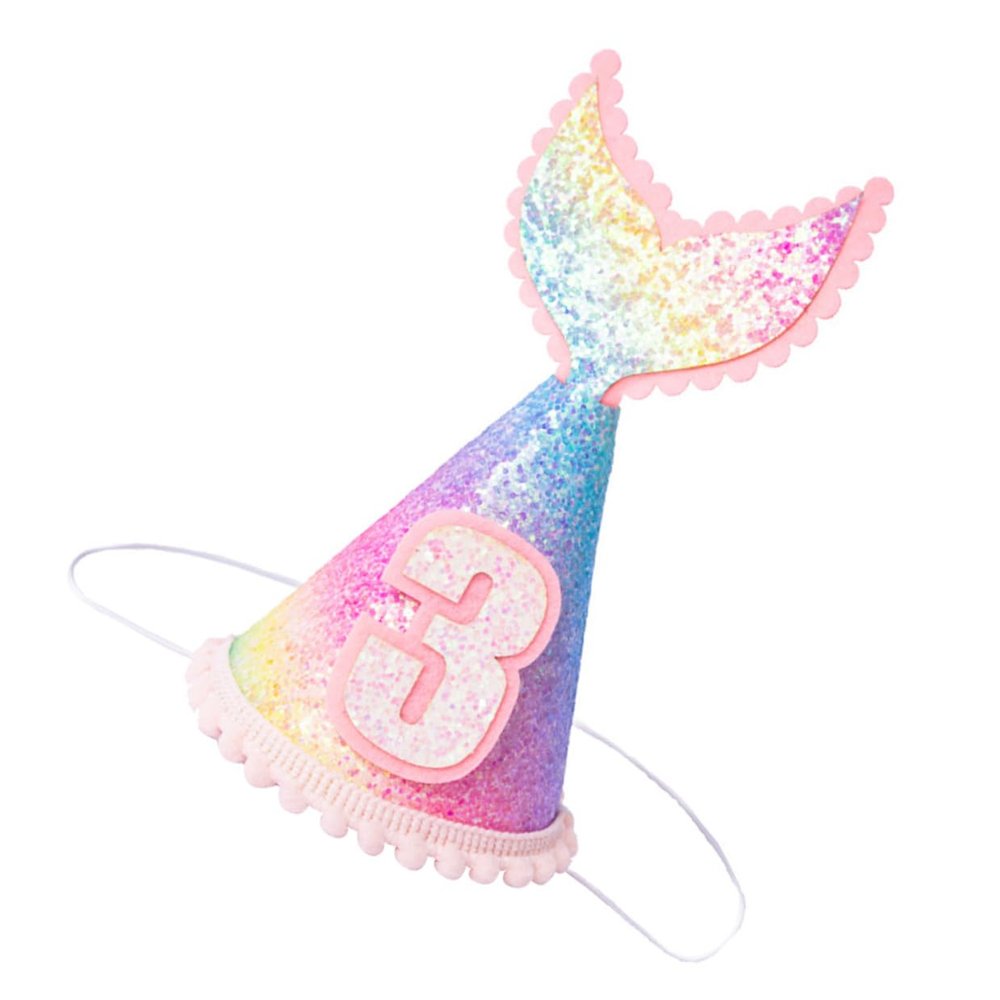 NAMOARLY Glitter Mermaid Party Hat Birthday Crown Cone Hat for 3 Years Rainbow Gradient Tail Design Birthday Party Supplies