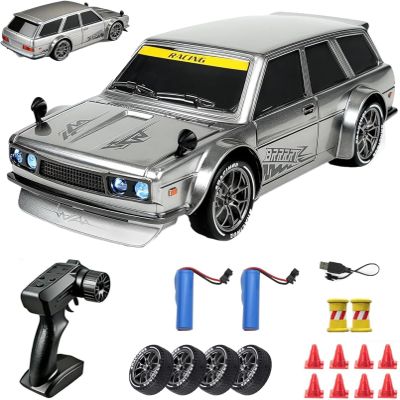 1:24 Scale RC Drift Car with LED Lights, 4WD Remote Control Mini Drift Car with Dual Speed Modes, LED Lights, Extra Drift Tires, USB Rechargeable Hobby RC Car for Teens and Adults (Silver,4*Batteries)