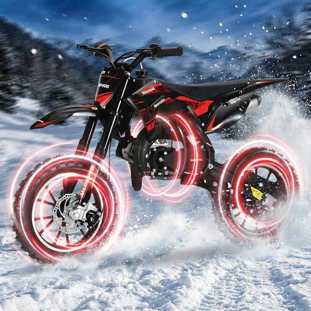 49CC 2 Stroke Dirt Bike, Gas Motorcycle for Kids, Moto De Gasolina para Nios with 10 Inch Off Road Tires, Shock Absorption & Front Rear Disc Brakes, Up to 25 Mph, 330 Lb Load (Red)