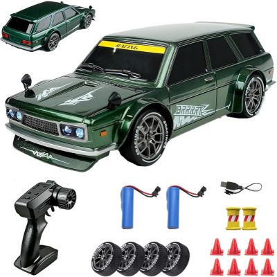 1:24 Scale RC Drift Car with LED Lights, 4WD Remote Control Mini Drift Car with Dual Speed Modes, LED Lights, Extra Drift Tires, USB Rechargeable Hobby RC Car for Teens and Adults (Green,3*Batteries)