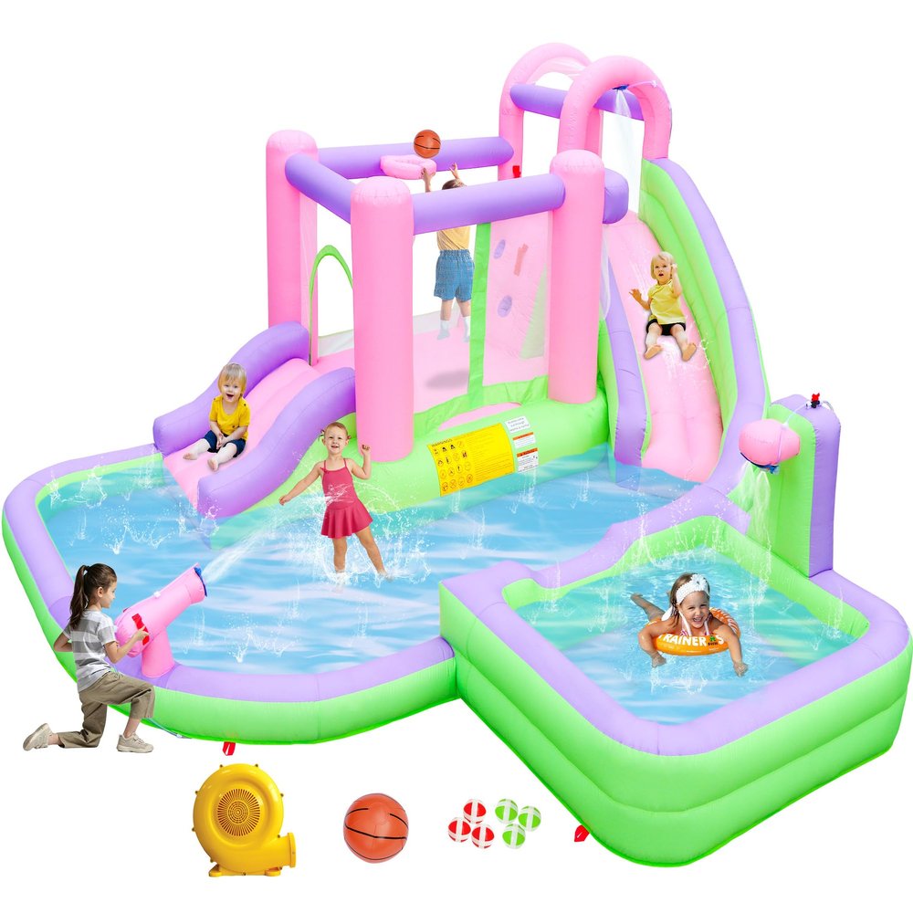 BounBounTime Inflatable Water Slide for Kids Aged 3-10, Water Bounce House with 2 Slides, 2 Splash Pools, 180 x 175 x 80 inches, Blow Up Water Park with 520W Blower, Bouncy Castle for Backyard