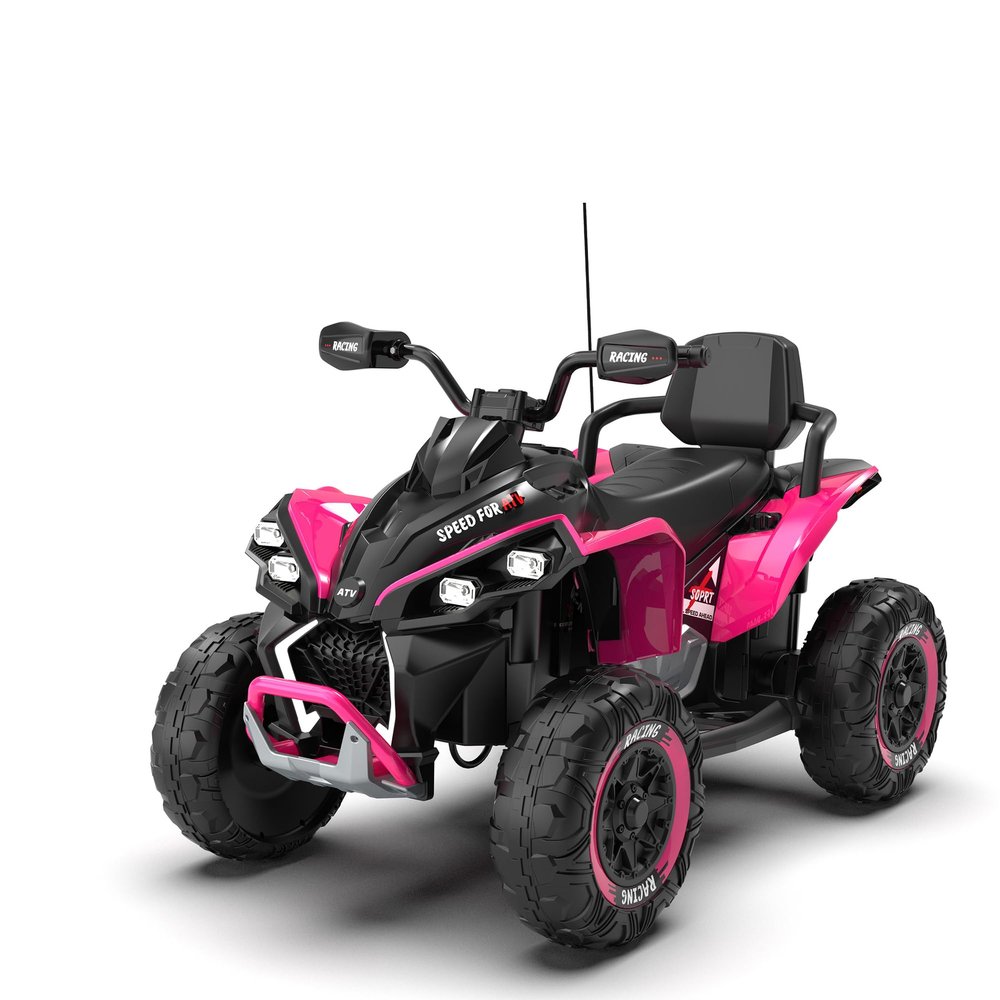 24V Kids Electric ATV with Remote Large Size All Terrain Vehicle 4 Wheel Suspension Ride On Shock Absorbers English Stories Music and Lights for Ages 3-12 Black and Pink Polypropylene