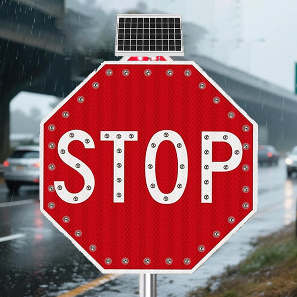 24/30 Inch Solar Powered Stop Flashing Traffic Sign, Lighted Illuminated LED Road Sign, Engineering Grade High Strength Membrane