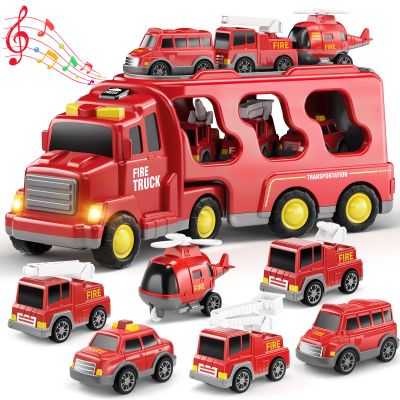 KIZONLY Fire Truck Toys for Toddler 1-3 3-5, Transport Car with Light Sound, 7-in-1 Fire Car Carrier Vehicle Set for Girls 1 2 3 4 5 6 Years Old, Birthdays Gifts for Kids Girls Aged 3-9