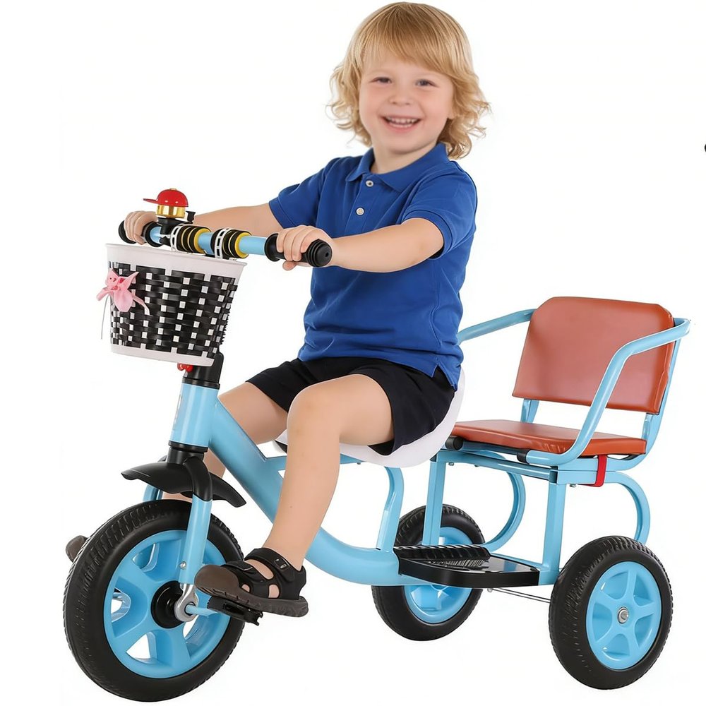 HUAIPU Children Pedal Trike with Seat/Soft and Comfortable Pedal Tricycle Can Take People Two-Seater Toddler Bike,Blue