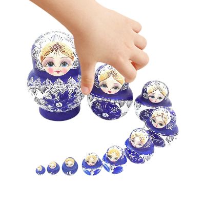 10 Pieces Wood Russian Nesting Dolls, Blue and White Porcelain Pattern Design Nesting Dolls, Wooden Stacking Toys