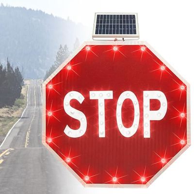 Solar Powered Blinking Stop Sign, 32 Inch Aluminum Octagon Traffic Sign with Engineer Grade Reflective Film, Enhanced Visibility for Construction Sites and Highways
