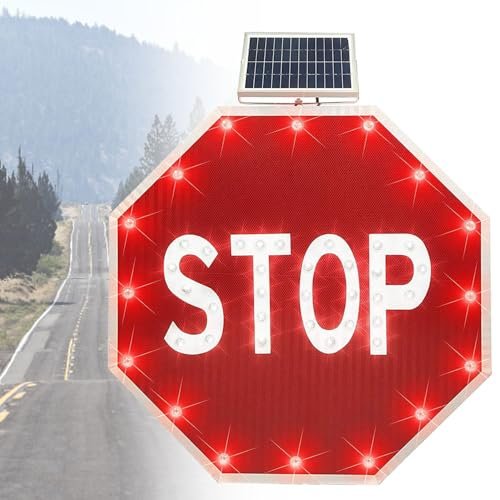 Solar Powered Blinking Stop Sign, 32 Inch Aluminum Octagon Traffic Sign with Engineer Grade Reflective Film, Enhanced Visibility for Construction Sites and Highways