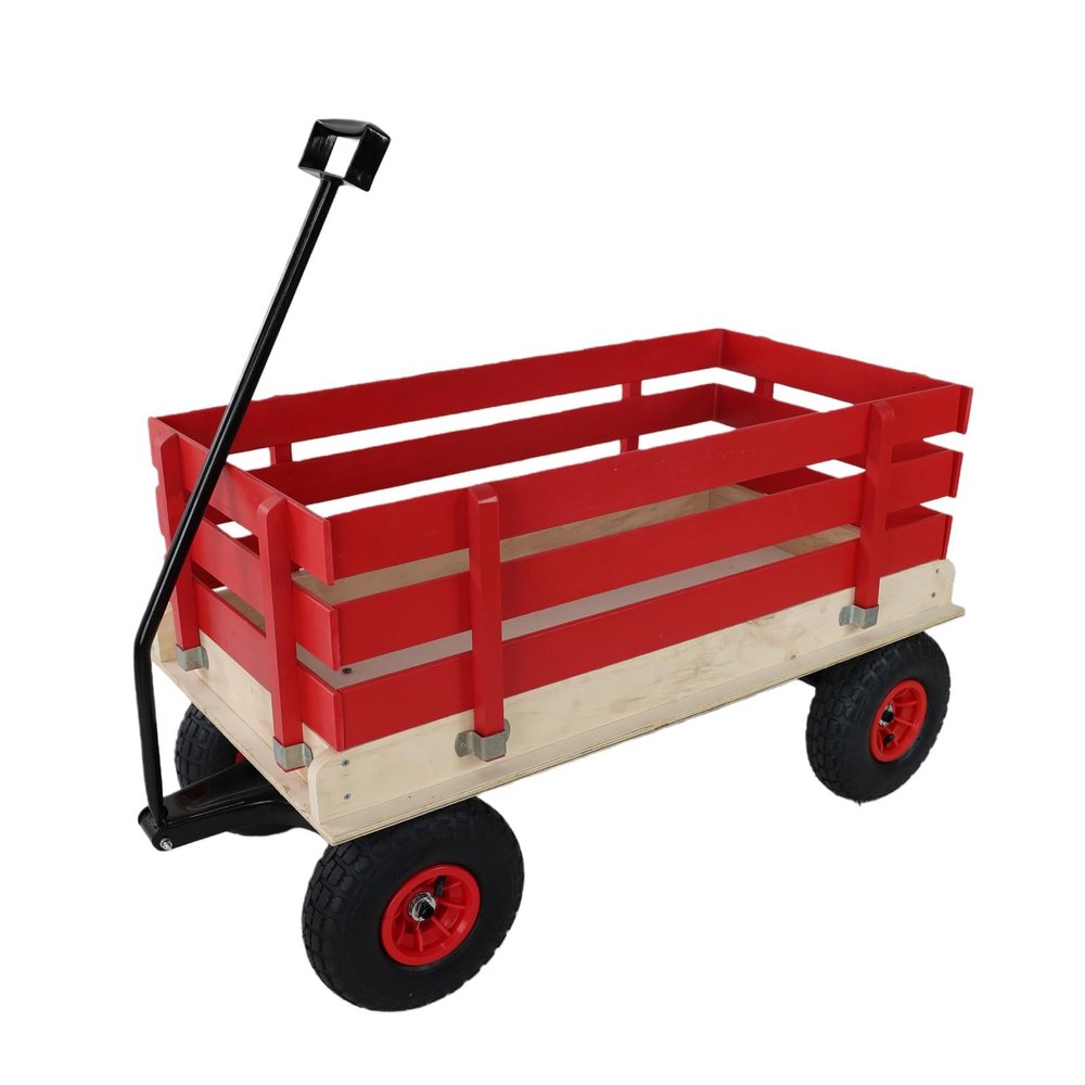Children's and Garden Wooden Carriages, All-Terrain Rubber Inflatable Wheelers, Outdoor Games, Courtyard Transportation, Picnic Supplies (red and Natural Colors)