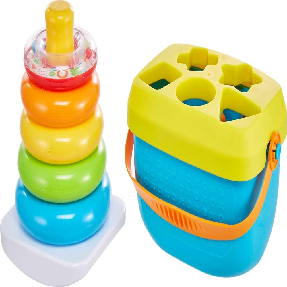 Fisher-Price Babys First Blocks & Rock-a-Stack Toy Set, Bucket of 10 Shapes & Ring Stacking Activity for Developmental Play Ages 6+ Months (Amazon Exclusive), Pack of 2