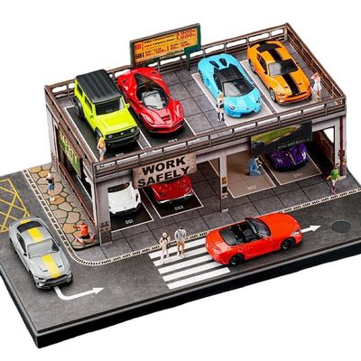 1/64 Scale Diorama Garage LED-Lighting Miniature Car Display Case Compatible with Tomica & Hot Wheels Multi-Level Car Parking lot Structure Building Display (Parking Workshop)