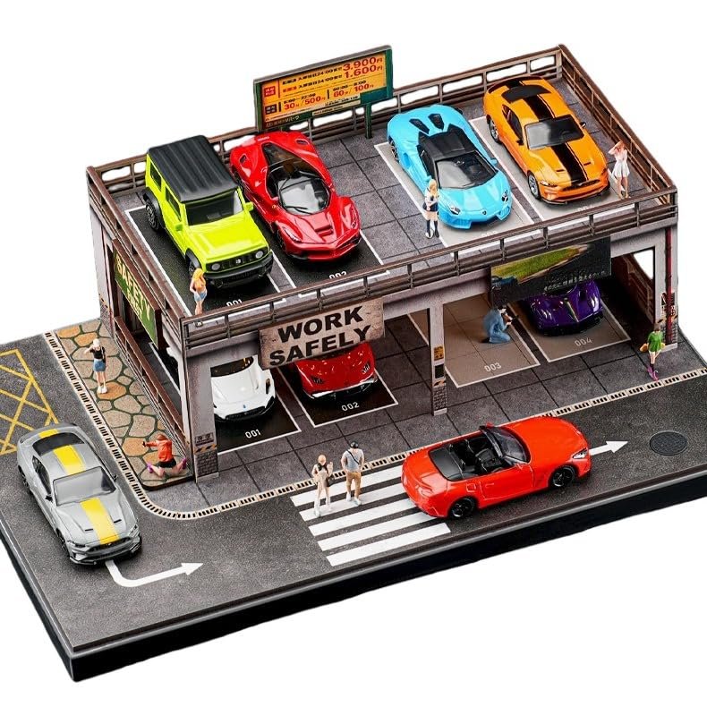 1/64 Scale Diorama Garage LED-Lighting Miniature Car Display Case Compatible with Tomica & Hot Wheels Multi-Level Car Parking lot Structure Building Display (Parking Workshop)