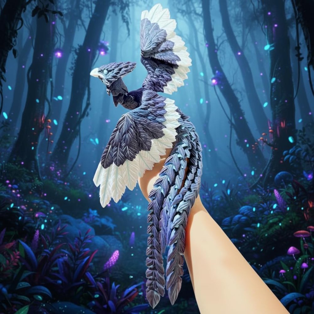 Articulated Phoenix Figurine  3D-Printed Poseable Mythical Firebird with Moveable Wings & Tail, Glow-in-the-Dark Desk Fidget Toy & Decorative Collectible Gift (blue-purple gradient, Large size)