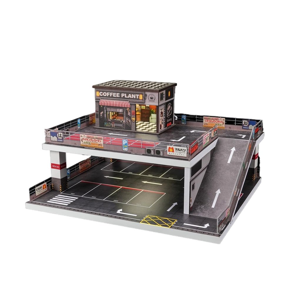 1/64 Scale Diorama Garage LED-Lighting Miniature Car Display Case Compatible with Tomica & Hot Wheels Multi-Level Car Parking lot Structure Building Display (Ramp Parking Lot - Coffee Shop)