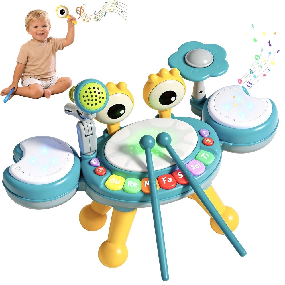 Bzmkpta Toddler Drum Set for Kids 1-3, Baby Drum Set 1 Year Old with Light-Up Microphone, Musical Instruments Montessori Learning Toys for 6 9 12 18 Months, Crab Musical Toys Gift for Boys Girls