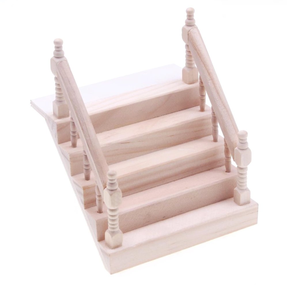 1:12 Scale Dollhouse Staircase, Wood Dollhouse Stairs with Handrail, DIY Unpainted Mini Furniture for Fairy Garden