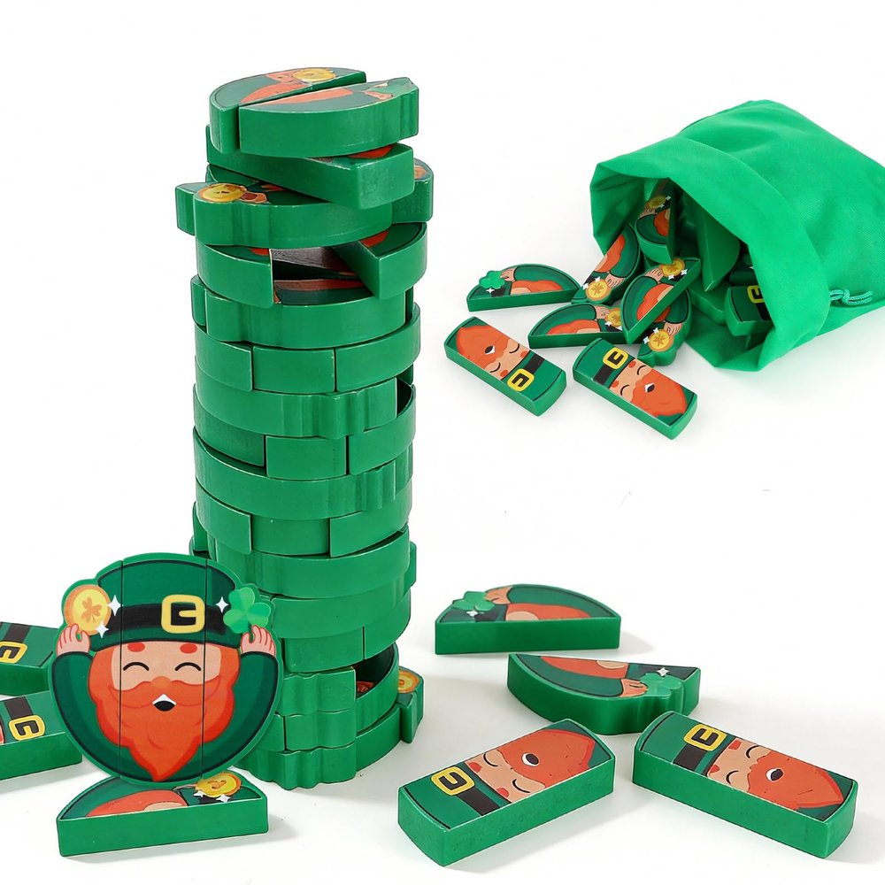ERTIUANIO St. Patrick's Day Wooden Blocks Stacking Game for Adult & Teen, Irish-Themed Tumbling Tower and Balance Stacking Board Game with Storage Bag for Family Party, Indoor, Outdoor, Holiday Gifts