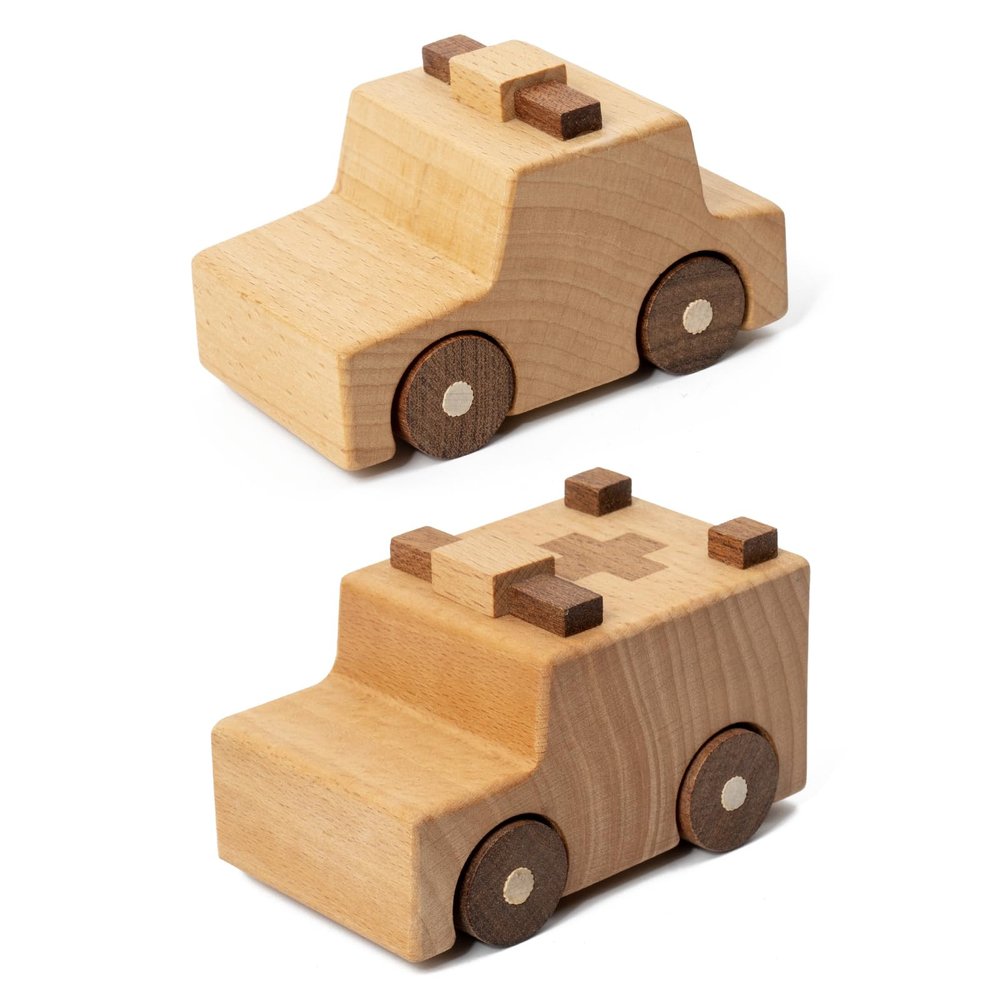 kienvy Wooden Toy Cars for 3 Year Old Boys & Girls - Construction Vehicles Set Push Toys for Toddlers, Wood Montessori Car with Rolling Wheels, Natural Wood Toys (Ambulance & Police Car)