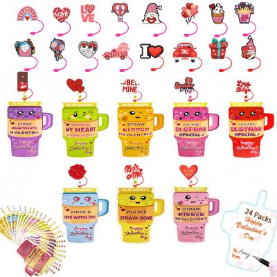 24 Packs Kids Valentines Day Gifts for School, Straw Covers Cap with Valentines Cards for Kids Classroom Must Haves Gift, Stanley Cups Accessories Valentines Day Cards Party Favors Classroom Exchange