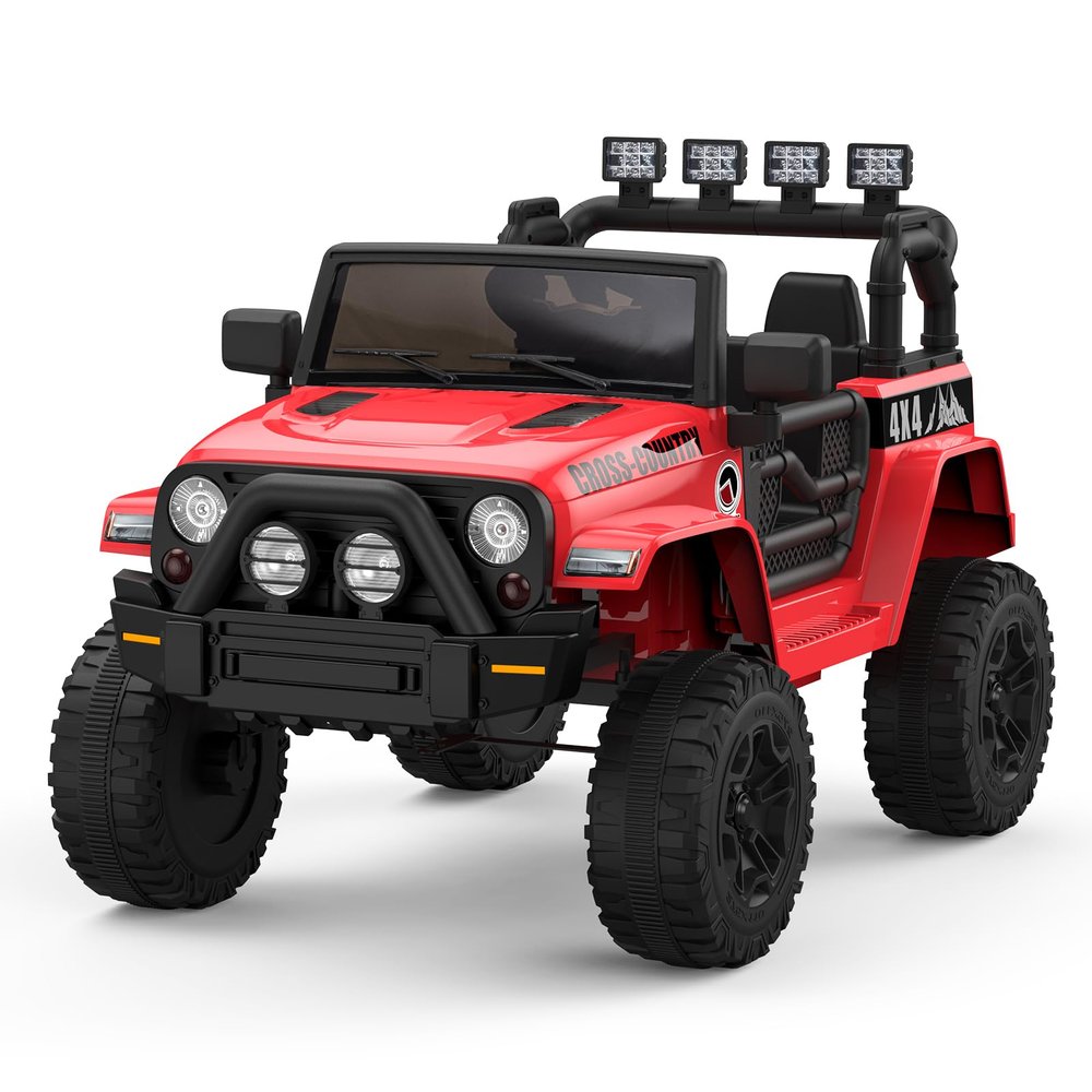 12V Kids Electric Vehicle Toy Ride On Truck Car with Parent Remote Control for Toddlers, Seat Harness, 4-Wheel Spring Suspension, LED Lighting, Built-in Music Player & USB Port, Black, Red
