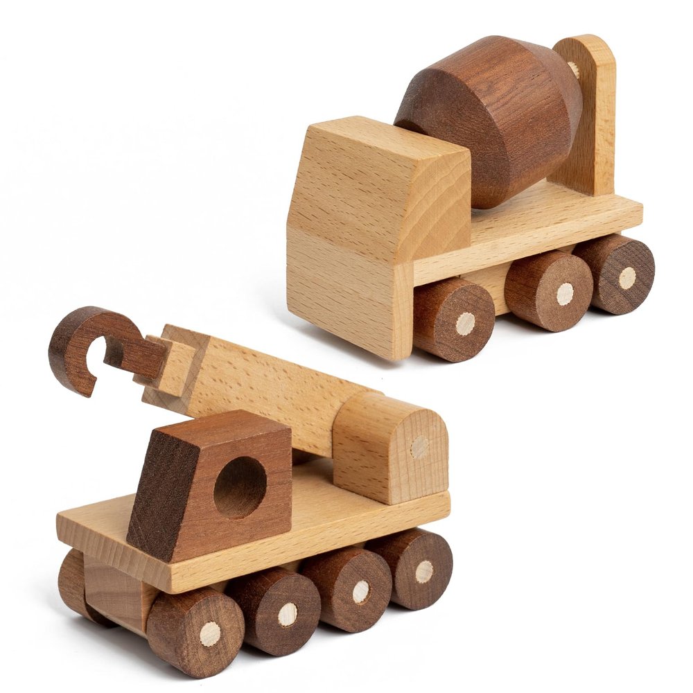 kienvy Wooden Toy Cars for 3 Year Old Boys & Girls - Construction Vehicles Set Push Toys for Toddlers, Wood Montessori Car with Rolling Wheels, Natural Wood Toys (Crane & Concrete Mixer Truck)