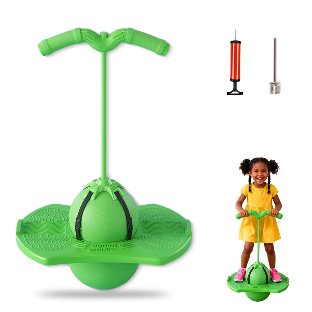 Balance Jumping Ball with Handle, Includes Air Pump, Jumping Toy, Anti-Slip Bounce Board for Indoor Outdoor Use, Low Noise Pogo Stick Alternative for Beginners and Adults (Green)