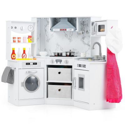 Costzon Corner Play Kitchen, Wooden Toddler Kitchen Playset w/Lights and Sounds, Water Circulation System, Washing Machine,Accessories, Kids Kitchen Playset for Boys,Girls (White)