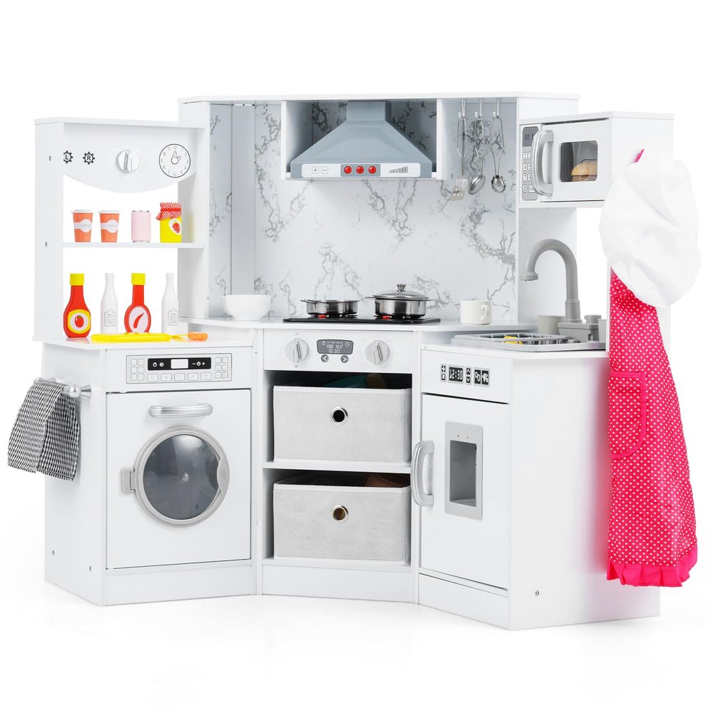Costzon Corner Play Kitchen, Wooden Toddler Kitchen Playset w/Lights and Sounds, Water Circulation System, Washing Machine,Accessories, Kids Kitchen Playset for Boys,Girls (White)