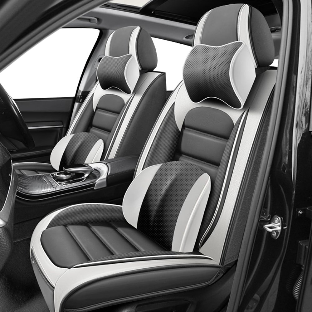 VIUDMEK Car Seat Covers for Spark,for Chevrolet Spark 2013-2022,Waterproof Leather Seat Covers,Compatible Airbag,Front Set Comfort Car Seat Protectors for Most Cars(Pillows,Gray&White)