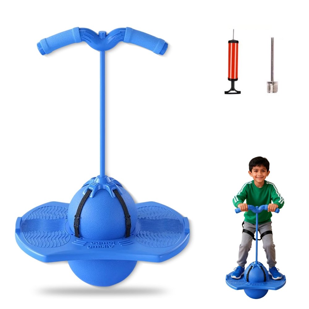 Balance Jumping Ball with Handle, Includes Air Pump, Jumping Toy, Anti-Slip Bounce Board for Indoor Outdoor Use, Low Noise Pogo Stick Alternative for Beginners and Adults (Blue)