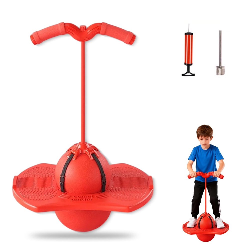 Balance Jumping Ball with Handle, Includes Air Pump, Jumping Toy, Anti-Slip Bounce Board for Indoor Outdoor Use, Low Noise Pogo Stick Alternative for Beginners and Adults (Red)
