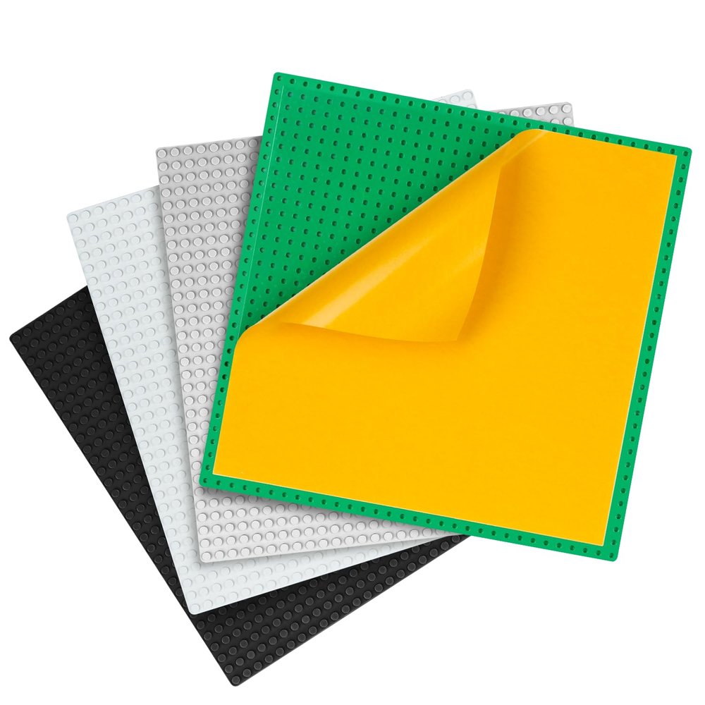 MIMAX Peel-and-Stick Baseplates, Self Adhesive Building Brick Plates, Compatible with All Major Brands - 4 Pack (10" x 10") (Black & White & Green & Light Gray)