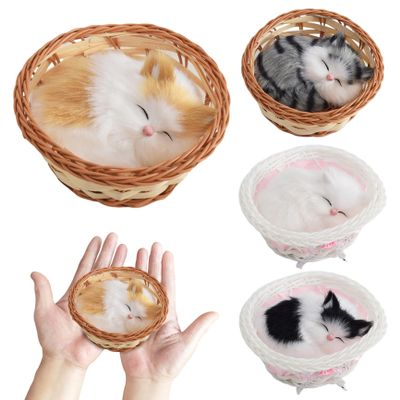 Bemonew Cat, 4Pcs Cute Realistic Mini Cat Toys for Kids Boys Girls, 5x2in Safe Compact Sleeping Kitten in Woven Basket for Office Desk Hand Toy