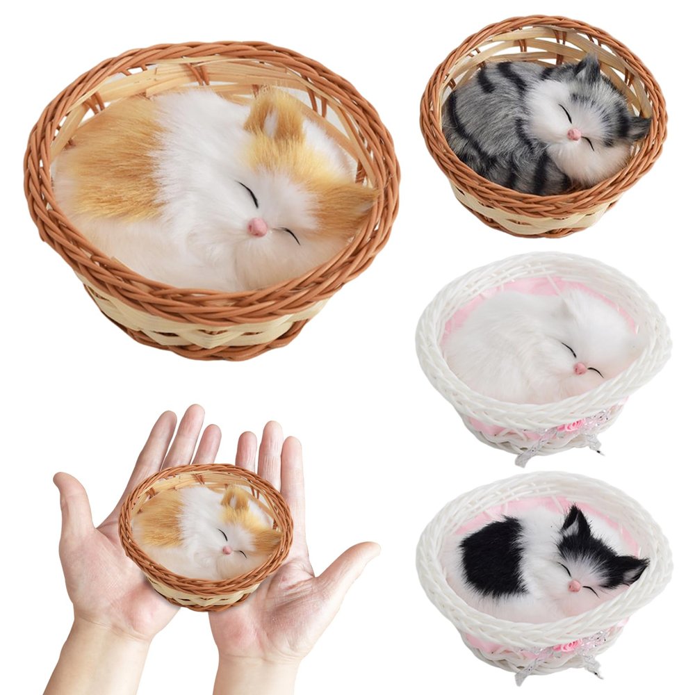 Bemonew Cat, 4Pcs Cute Realistic Mini Cat Toys for Kids Boys Girls, 5x2in Safe Compact Sleeping Kitten in Woven Basket for Office Desk Hand Toy
