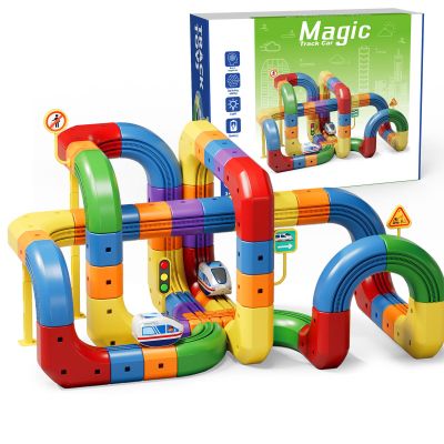 Magical Track Car Toys,Flexible Car Track Magical Train Set,DIY Race Car Track Building Kits with Train and Traffic Signs,for 4-8 Year Old Boy Toys Boys Girls Birthday Party Gifts (123PCS)