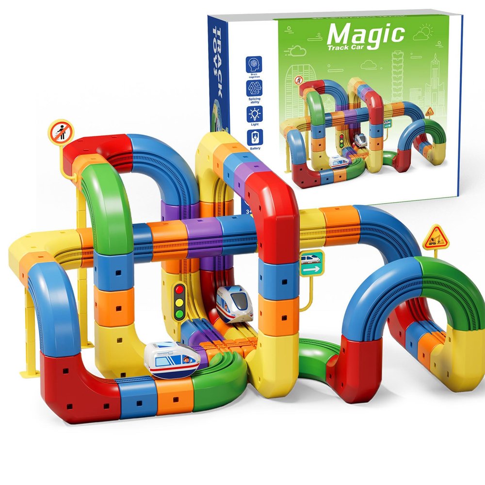 Magical Track Car Toys,Flexible Car Track Magical Train Set,DIY Race Car Track Building Kits with Train and Traffic Signs,for 4-8 Year Old Boy Toys Boys Girls Birthday Party Gifts (123PCS)