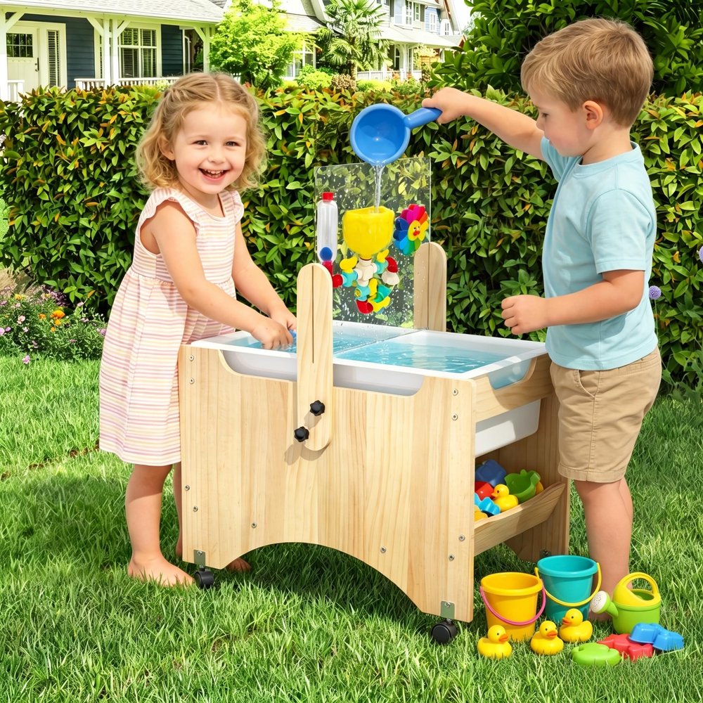 Kids Water & Sand Sensory Table - Wooden Outdoor Sensory Play Activity Table with Casters and Bin, Bottom Storage, Painting Acrylic Board & Water Toys, Montessori Tables Learning Toy for Kids