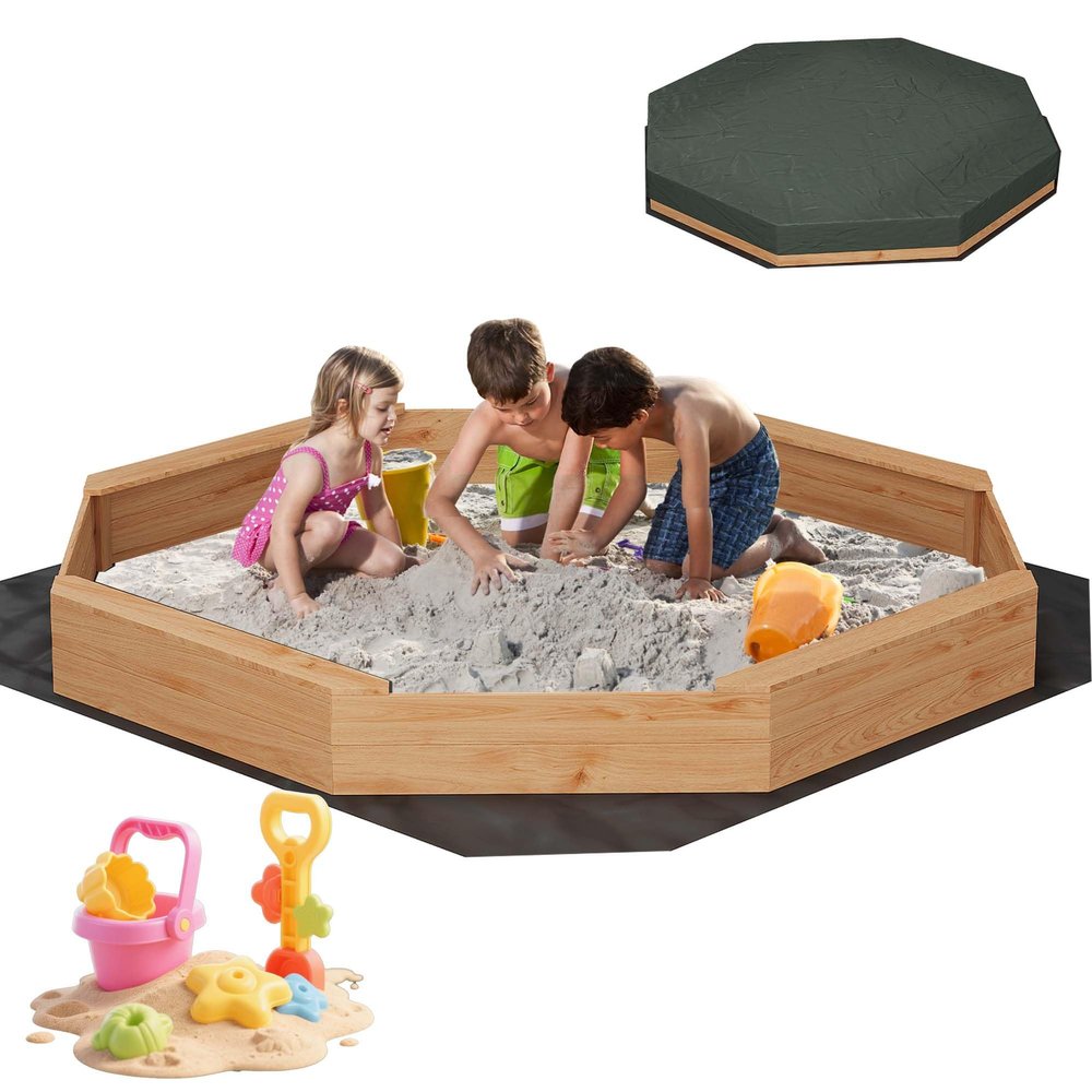 82" Extra Large Wooden Octagon Sandbox with Cover and 4 Bench Seats, Outdoor Kids Sand Pit with Bottom Liner, Fits 6-8 Children, Solid Fir Wood Sandpit for Backyard, Patio, Ages 3-8