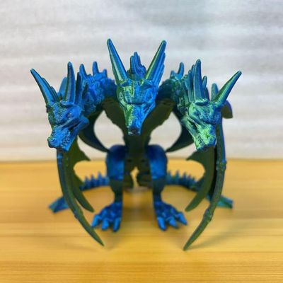3D Printed Three Headed Dragon Figurine, Articulated Multi-Color Fantasy Creature, Collectible Desktop Decoration with Joint Mobility, Purple and Blue (B)