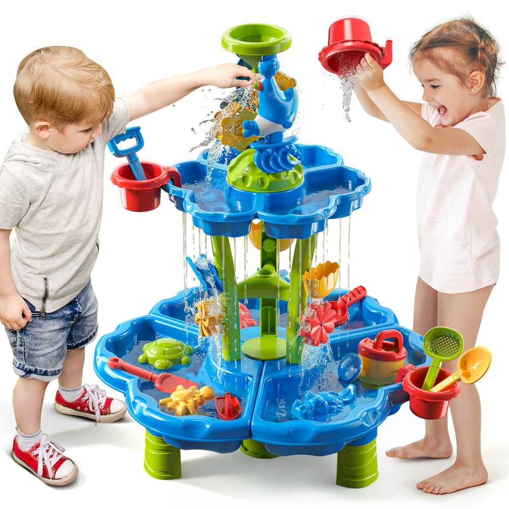 JUKUDAHU 2-Tier Sand and Water Table Toys for Kids Aged 3 4 5 6 7 8, Outdoor Activity Playset Sensory Play Table with Beach Toys Accessories Water Waterfall, Birthday Gifts for Toddlers 3-4 3-5 4-6