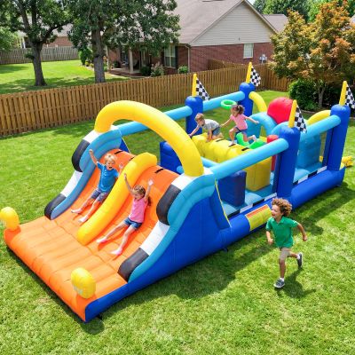 Hapfan Inflatable Obstacle Course Bounce House with Large Dual Slides, Crawl Tunnels, Climbing Wall & Basketball, 19.7ft x 8.3ft Bouncy Castle for Big Kids Aged 3-12, Great for Party, 500lbs Capacity